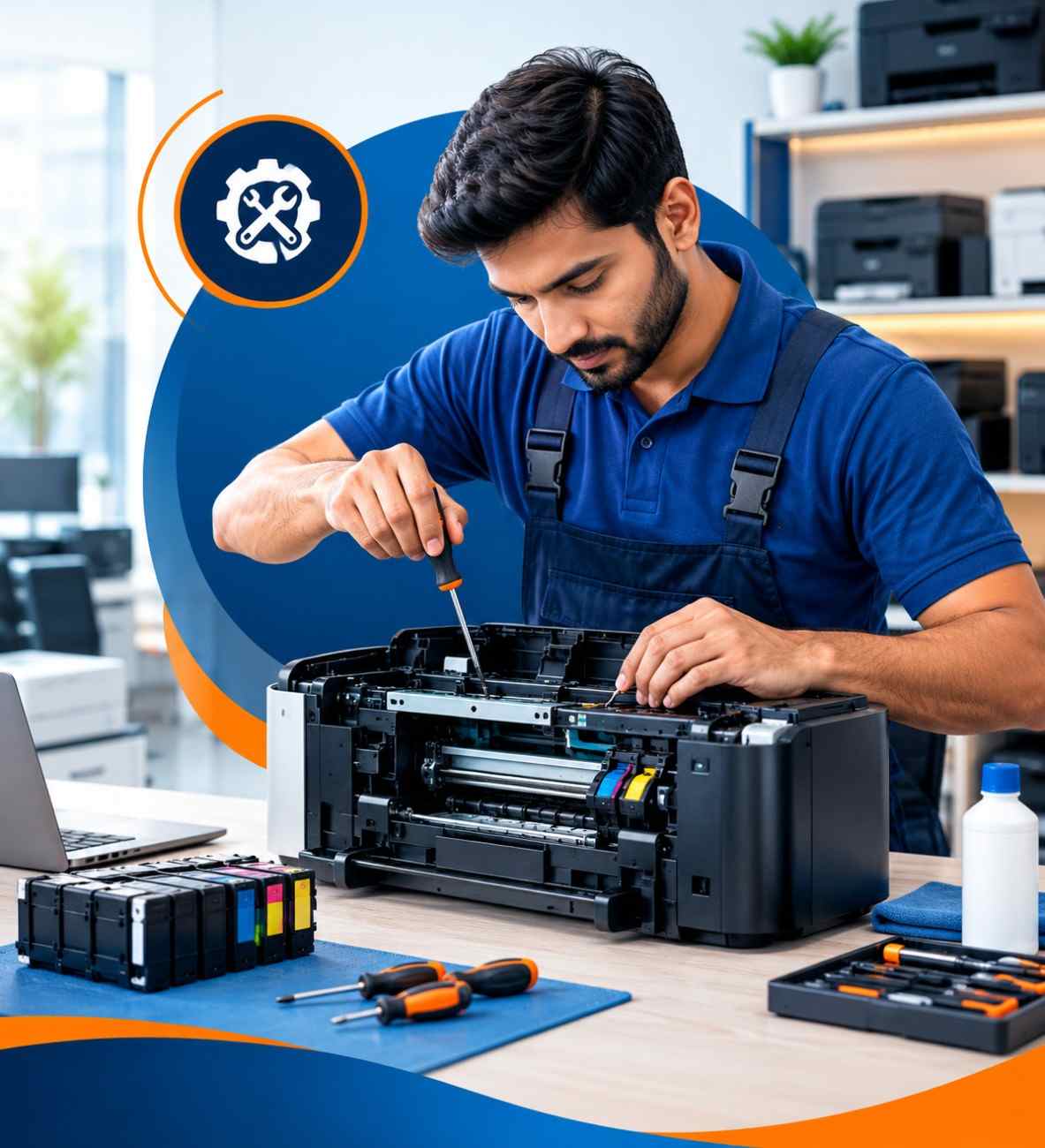 Technician repairing a printer